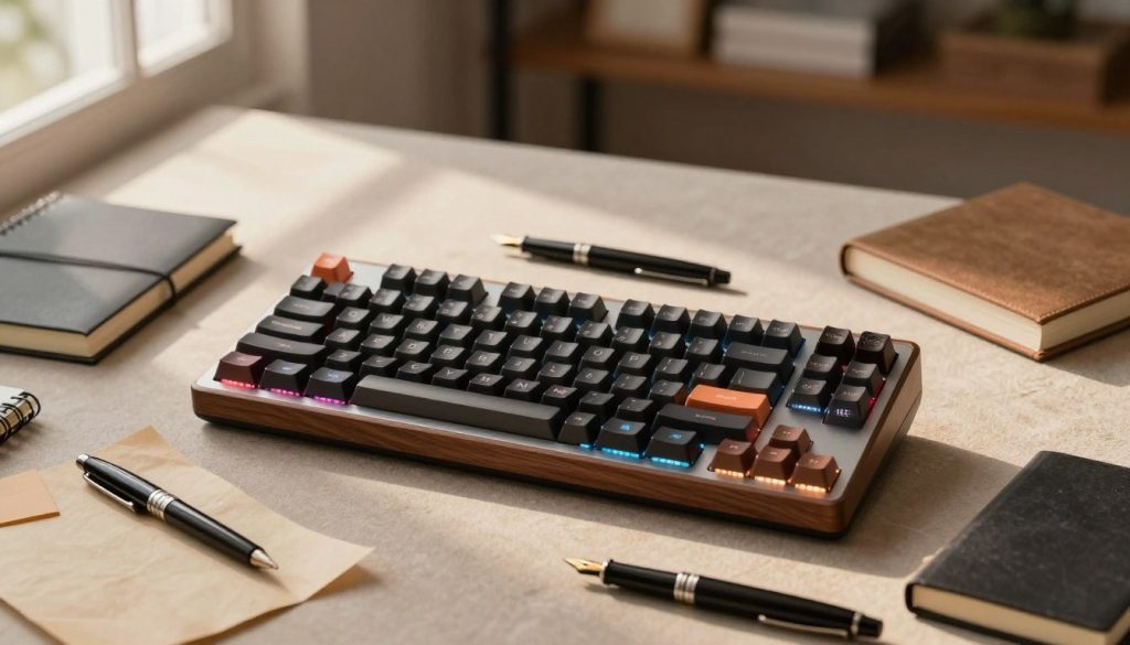 A beautifully arranged flat lay image of premium mechanical keyboards designed for writers, focusing on a high-end oyison keyboard as the centerpiece. The foreground features the oyison keyboard in an elegant wood and metal finish, showcasing its tactile switches and customizable RGB lighting. Surrounding the keyboard are various stylish writing tools—fountain pens, notebooks, and parchment paper—on a textured, soft surface. In the middle, subtle lighting highlights the keyboards' details, casting soft shadows that enhance the aesthetics. The background features a blurred, cozy workspace with warm, ambient light filtering in from a nearby window, creating an inviting and inspiring atmosphere. The overall mood is professional yet creative, perfect for writers seeking productivity and comfort in their workspace.