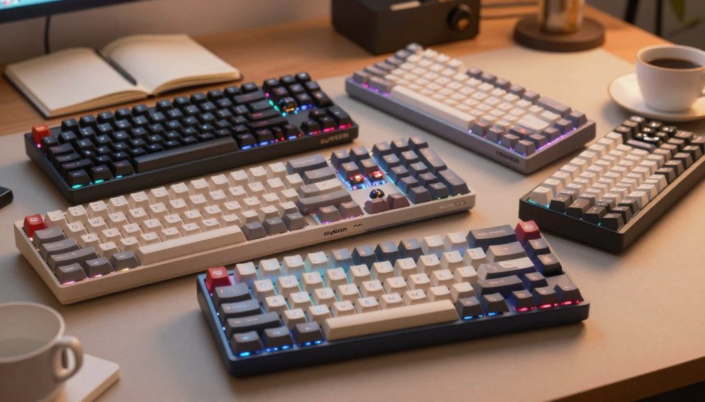 A beautifully arranged flat lay of several mechanical keyboards, prominently featuring the "oyison" brand. Each keyboard showcases unique keycap designs, highlighting various tactile feedback mechanisms, such as clicky, linear, and rubber dome switches. The foreground displays a vibrant keyboard in focus, with its keys slightly raised as if just typed on, evoking an engaging writing atmosphere. In the middle, a couple of keyboards are arranged artistically, demonstrating a variety of textures and colors, with soft LED lighting accentuating their modern aesthetics. The background is a blurred workspace, including a cozy desk setup with a notebook and a cup of coffee, casting warm, inviting ambient light. The mood is productive and creative, inviting writers to explore the benefits of mechanical keyboards.