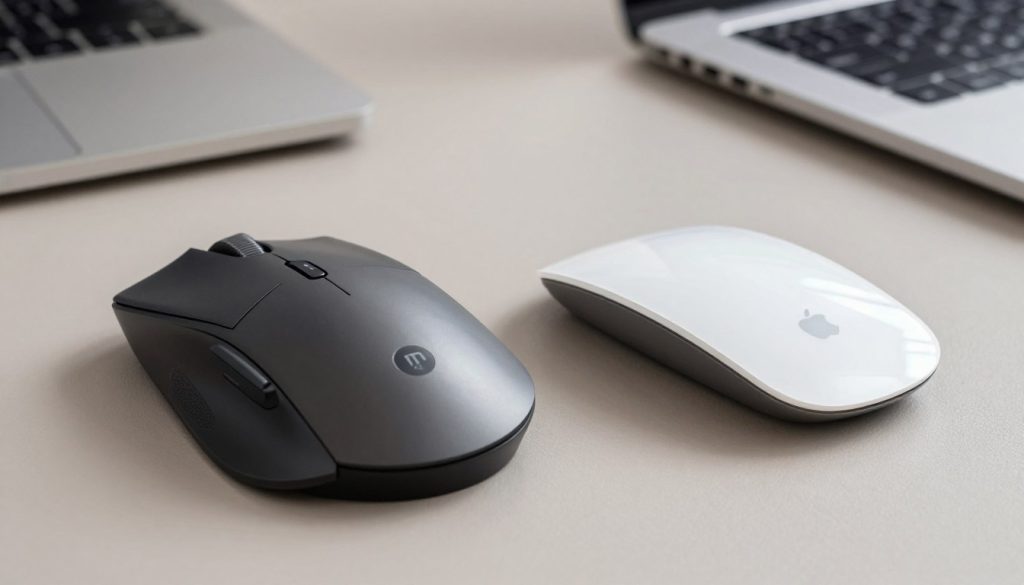 A detailed side-by-side comparison of the Logitech MX Master 3S and Apple Magic Mouse, showcasing their distinct designs. In the foreground, highlight the MX Master 3S with its ergonomic contours, textured grip, and customizable buttons on the left, while the sleek, minimalist Apple Magic Mouse sits elegantly on the right. The middle ground features a neutral backdrop to emphasize their shapes and finishes, using soft lighting to create gentle shadows that enhance their lines. In the background, add subtle hints of a modern workspace, like a polished desk and a laptop, to suggest a productive environment. Aim for a professional and clean aesthetic, conveying a mood of innovation and functionality. Avoid any text, watermarks, or additional elements.