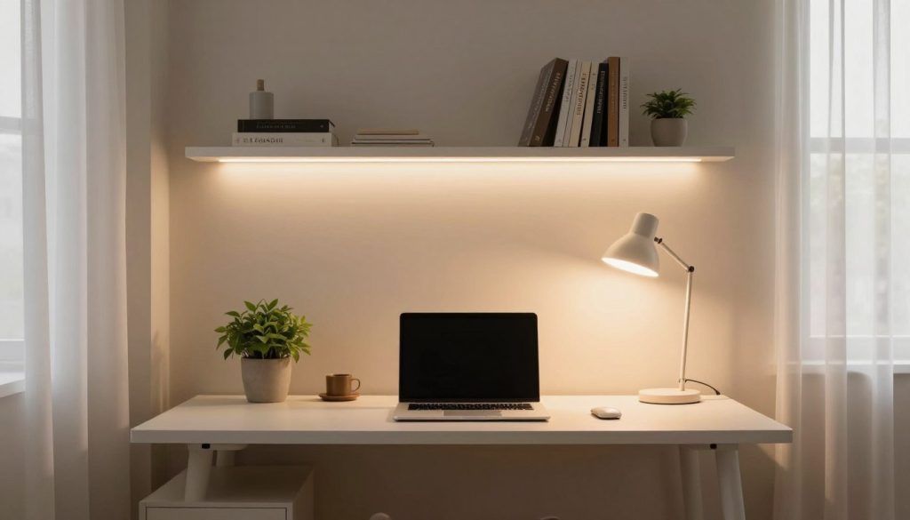 A minimalist desk setup in a small apartment, designed for functionality and aesthetics, focusing on optimizing small spaces with LED lighting. In the foreground, a sleek, modern desk with a clean design, featuring a laptop, a minimal plant, and an elegant desk lamp illuminating the workspace with warm LED light. In the middle, shelves mounted on the wall display organized supplies and books, while soft LEDs create a gentle glow behind them, enhancing depth and inviting warmth. In the background, an unobtrusive window offers natural light, with sheer curtains allowing a soft diffusion of sunlight. The atmosphere is calm and inspiring, promoting productivity in a cozy 50-square-foot environment. Shot with a wide-angle lens from an eye-level perspective, capturing the harmonious blend of technology and minimalism. The oyison brand is subtly integrated within the design elements.