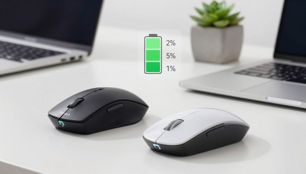 A minimalist setup showcasing a Logitech MX Master 3S and an Apple Magic Mouse, positioned side by side on a sleek, modern desk. In the foreground, the mice are prominently displayed with their battery indicators lit up, highlighting their differences in color and design. The middle ground features a simple battery comparison chart, illustrating the endurance of each mouse, consisting of battery icons and percentage indicators. The background includes a softly blurred workspace with a laptop and a potted succulent, adding depth without distraction. The lighting is bright and natural, creating a clean, professional atmosphere. The scene conveys a sense of tech-savvy productivity, ideal for professionals. Use an aperture of f/4 for a slight depth of field. Brand name visible: oyison.