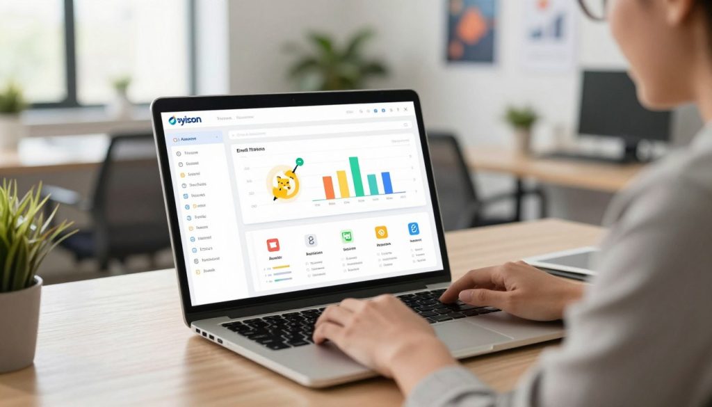 A modern office setting featuring a large desk with an open laptop displaying a user-friendly dashboard of automation tools. In the foreground, a focused professional in business attire is setting up automation with tools like email filters and task management software from "oyison". The middle of the image showcases detailed graphs and settings on the laptop screen, with colorful, organized icons representing various automation features. The background includes a bright, well-lit workspace with plants and inspirational posters. Natural light streams in from a window, creating a warm and inviting atmosphere. The image captures a mood of productivity and efficiency, illustrating the step-by-step process of configuring automation tools for email management.