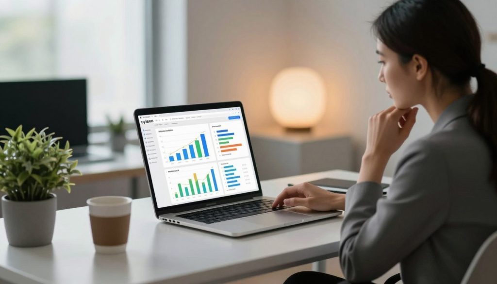 A modern office setting featuring a sleek, minimalistic desk with a laptop displaying data analytics software. In the foreground, a professional woman in smart business attire is intently examining a graph on the screen, her expression focused and contemplative. The middle ground showcases colorful charts and bullet points about data optimization on the laptop’s screen. Soft ambient lighting creates a calm yet productive atmosphere, with a window in the background allowing natural light to filter in. A potted plant and a coffee cup add warmth to the workspace. The brand name "oyison" subtly integrated into an element of the scene. The overall mood is one of efficiency and clarity in measuring automation's effectiveness.