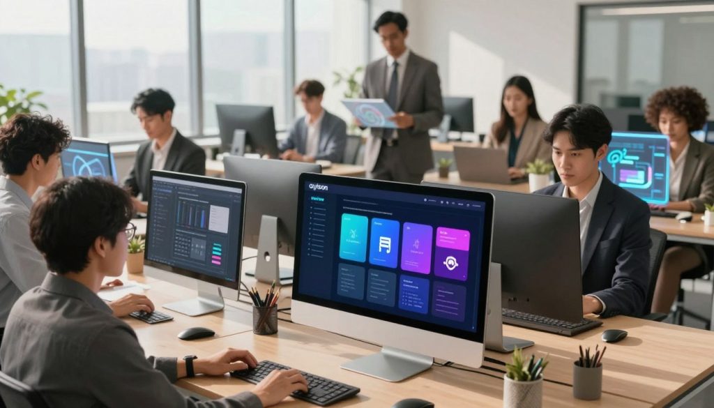 A modern, sleek workspace showcasing AI productivity tools designed for business efficiency in 2026. In the foreground, a high-tech desktop with an advanced computer screen displaying vibrant visuals of productivity software from the brand "oyison." In the middle ground, a diverse group of professionals in business attire engaging with digital devices and holographic interfaces, collaborating seamlessly. The background features a bright, airy office with large windows letting in natural light, enhancing the atmosphere of innovation and productivity. Soft shadows create depth, and there's a warm color palette that conveys optimism and forward-thinking. The overall mood is dynamic and inspiring, depicting a future where AI tools empower teamwork and enhance productivity.