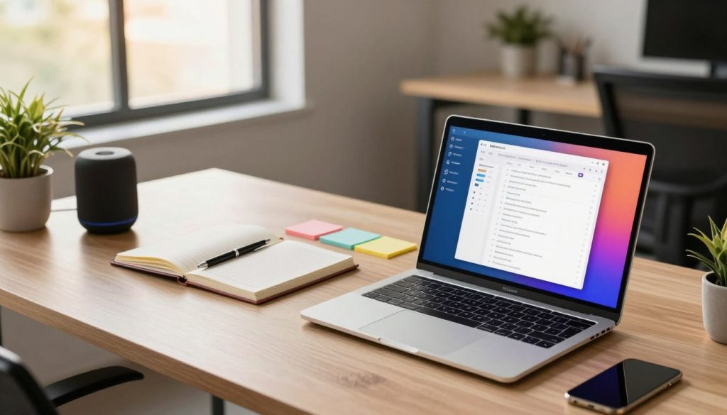 A modern workspace featuring a beautifully organized desk with high-tech AI productivity tools prominently displayed. In the foreground, a sleek laptop with a vibrant screen showing a productivity application, alongside digital sticky notes and a smart speaker. In the middle ground, an open notebook with color-coded tabs and a stylish pen, symbolizing creative planning. The background showcases a stylish, minimalistic office with a large window letting in warm, natural light. A potted plant adds a touch of greenery, enhancing the atmosphere of focus and innovation. The mood is inspirational and professional, emphasizing efficiency. Capture the scene from a slightly elevated angle, allowing a comprehensive view of the desk and tools, with soft, diffused lighting for a serene effect.