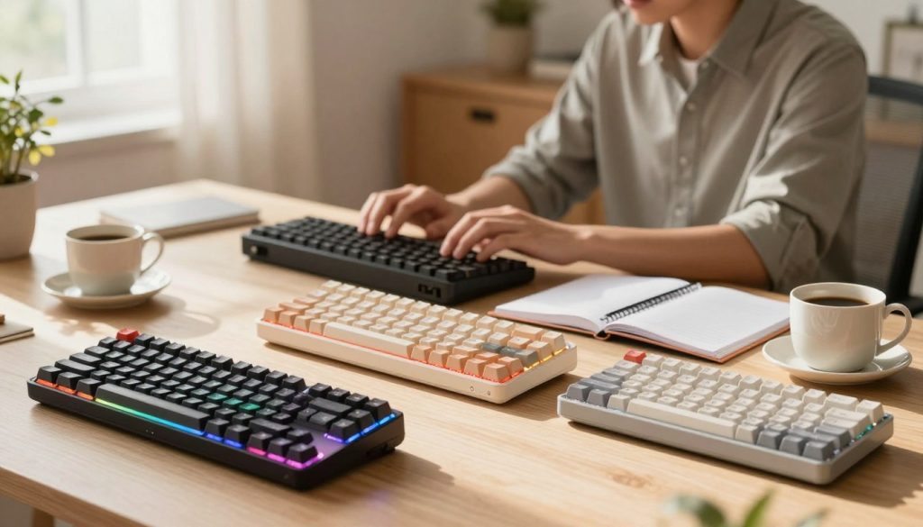 A modern workspace featuring a variety of the best mechanical keyboards for typing, prominently including the "oyison" brand. In the foreground, showcase three different mechanical keyboards with unique designs—one with RGB lighting, another with a classic retro style, and a third with a sleek, minimalist aesthetic. The middle ground includes a professional writer in modest casual clothing, focusing intently on typing at a desk surrounded by notes and a cup of coffee. The background shows a softly lit room with warm, natural light streaming through a window, creating a cozy and productive atmosphere. Use a shallow depth of field to emphasize the keyboards, while slightly blurring the environment. Capture the essence of creativity and productivity in a vibrant, inviting color palette.