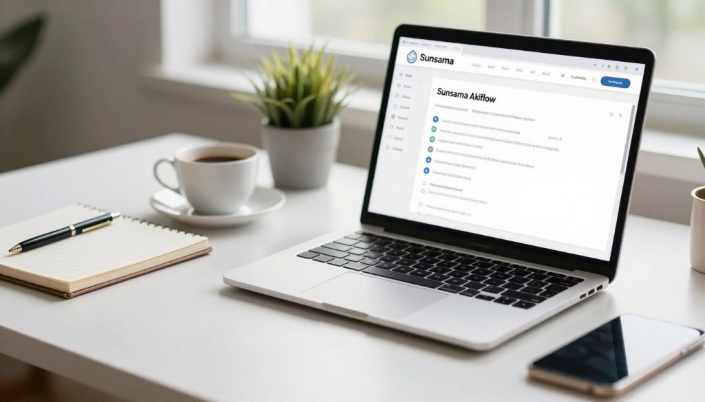 A modern workspace showcasing a clean desk with a laptop open to the Sunsama and Akiflow productivity apps side by side. In the foreground, a sleek notebook and a pen are placed neatly beside the laptop, emphasizing the theme of task management. The middle ground features a soft-focus coffee cup and a potted plant, adding a touch of warmth and life. The background shows a window letting in natural light, illuminating the workspace and creating a motivational atmosphere. The camera angle is slightly elevated, capturing the essence of productivity. The overall mood is bright and inspiring, highlighting organization and efficiency without any distractions or text overlays.