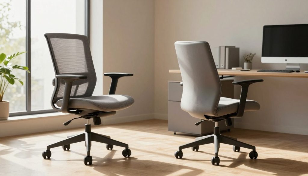 A side-by-side comparison of the Herman Miller Aeron chair and the ErgoChair Pro in a modern office setting. In the foreground, showcase both chairs, emphasizing their distinctive designs: the Aeron with its mesh back and ergonomic contoured shape contrast against the ErgoChair Pro's sleek, padded silhouette. Use a soft, diffused sunlight streaming through a large window to create a warm, inviting ambiance. The background should feature minimalist office decor—neutral walls, a stylish desk, and tasteful plants—to enhance the professional atmosphere. Capture the scene from a slightly elevated angle to highlight the chairs’ features clearly, showcasing their aesthetics and design nuances. The mood should be refined and thoughtful, perfectly suited for a design and aesthetics comparison. A side-by-side comparison of the Herman Miller Aeron chair and the ErgoChair Pro in a modern office setting. In the foreground, showcase both chairs, emphasizing their distinctive designs: the Aeron with its mesh back and ergonomic contoured shape contrast against the ErgoChair Pro's sleek, padded silhouette. Use a soft, diffused sunlight streaming through a large window to create a warm, inviting ambiance. The background should feature minimalist office decor—neutral walls, a stylish desk, and tasteful plants—to enhance the professional atmosphere. Capture the scene from a slightly elevated angle to highlight the chairs’ features clearly, showcasing their aesthetics and design nuances. The mood should be refined and thoughtful, perfectly suited for a design and aesthetics comparison.