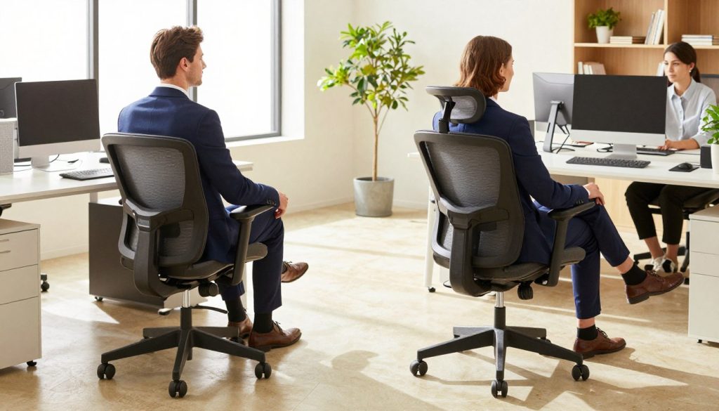 A side-by-side comparison of two ergonomic office chairs: the Herman Miller Aeron and the ErgoChair Pro. In the foreground, showcase both chairs filled with business professionals—one seated in the Aeron chair wearing a sleek, navy blue suit, and another in the ErgoChair Pro dressed in smart casual attire. The middle ground features a well-lit modern office setting, with warm natural light streaming through large windows, creating a welcoming atmosphere. The background contains subtle office elements such as a desk, potted plants, and a bookshelf, emphasizing a productive work environment. Use a high-angle view to capture the unique features of each chair, focusing on design, comfort, and adjustability. The overall mood should convey professionalism, efficiency, and an inviting workspace. A side-by-side comparison of two ergonomic office chairs: the Herman Miller Aeron and the ErgoChair Pro. In the foreground, showcase both chairs filled with business professionals—one seated in the Aeron chair wearing a sleek, navy blue suit, and another in the ErgoChair Pro dressed in smart casual attire. The middle ground features a well-lit modern office setting, with warm natural light streaming through large windows, creating a welcoming atmosphere. The background contains subtle office elements such as a desk, potted plants, and a bookshelf, emphasizing a productive work environment. Use a high-angle view to capture the unique features of each chair, focusing on design, comfort, and adjustability. The overall mood should convey professionalism, efficiency, and an inviting workspace.