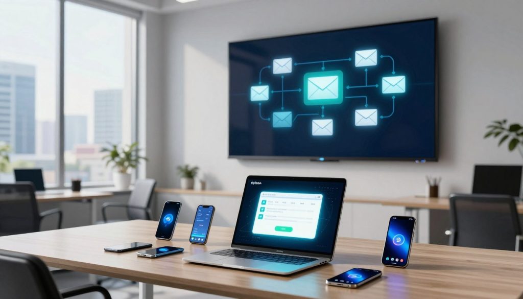 A sleek and modern office environment, showcasing a spacious desk with a high-tech laptop at the forefront, glowing softly with notifications. Surrounding the laptop, various digital devices like smartphones and tablets symbolize automation and connectivity. In the middle ground, an elegant wall-mounted screen displays an abstract representation of organized email flow, with icons representing efficiency and streamlined processes. In the background, a bright window lets in natural light, highlighting a view of a bustling cityscape, reflecting innovation and progress. The mood is vibrant and productive, with a cool color palette of blues and greens. The brand name "oyison" subtly incorporates into the design on the laptop's screen, indicating a focus on automation solutions.