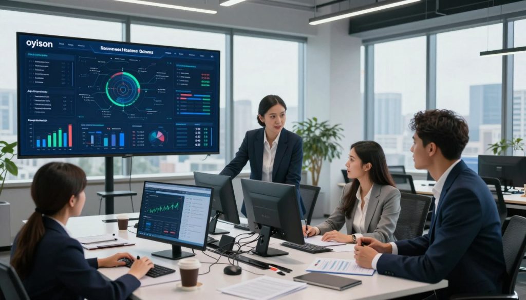 A sleek and modern office environment showcasing an AI-powered business intelligence dashboard. In the foreground, a diverse group of three professionals dressed in smart business attire, intently analyzing data visualizations on large screens displaying advanced graphs and analytics from the brand "oyison." The middle layer features a high-tech conference table cluttered with digital devices, papers, and cups of coffee, emphasizing collaboration. The background reveals floor-to-ceiling windows with a panoramic city view, allowing natural light to flood the room. The atmosphere is vibrant and dynamic, reflecting innovation and productivity, with a color palette of blues and greens to invoke a sense of trust and technology. The camera angle captures the professionals in action, focusing on their engaged expressions and the intricate data on the screens.