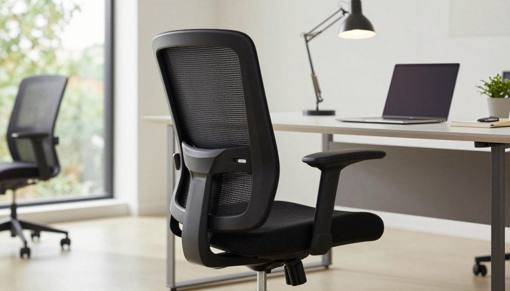 A sleek and sophisticated Herman Miller Aeron ergonomic chair sits prominently in a modern office environment. The chair, in its iconic black mesh fabric, showcases its distinctive design features such as the adjustable lumbar support, curved backrest, and advanced tilt mechanism. The foreground includes the chair angled slightly to the right, highlighting its contours and ergonomic elements. In the middle ground, a minimalist desk with a laptop, notebook, and stylish desk lamp hints at a productive workspace. The background features a light-filled open office with large windows, showcasing greenery outside, creating a serene atmosphere. Soft, natural lighting enhances the chair's modern aesthetics, while a shallow depth of field focuses on the Aeron chair, underscoring its status as the industry gold standard in ergonomic seating. A sleek and sophisticated Herman Miller Aeron ergonomic chair sits prominently in a modern office environment. The chair, in its iconic black mesh fabric, showcases its distinctive design features such as the adjustable lumbar support, curved backrest, and advanced tilt mechanism. The foreground includes the chair angled slightly to the right, highlighting its contours and ergonomic elements. In the middle ground, a minimalist desk with a laptop, notebook, and stylish desk lamp hints at a productive workspace. The background features a light-filled open office with large windows, showcasing greenery outside, creating a serene atmosphere. Soft, natural lighting enhances the chair's modern aesthetics, while a shallow depth of field focuses on the Aeron chair, underscoring its status as the industry gold standard in ergonomic seating.
