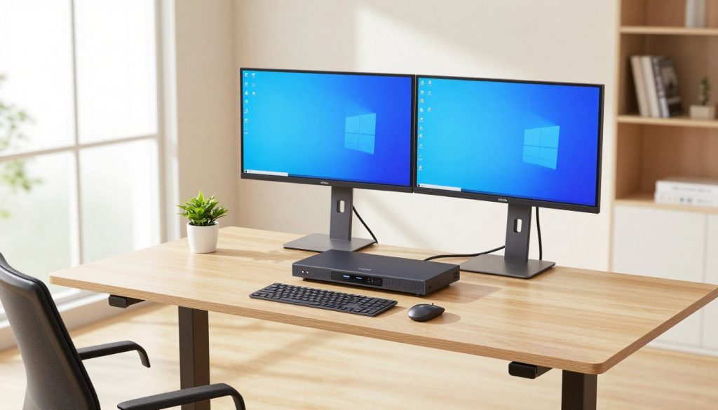 A sleek, modern standing desk converter designed for dual monitors, prominently featured in a bright, contemporary home office setting. In the foreground, the converter is raised, showcasing two large, vivid displays side by side, with a wireless keyboard and mouse positioned neatly in front. The middle layer includes ergonomic elements like a comfortable chair pushed aside and a small potted plant adding a touch of greenery. In the background, a large window allows natural light to flood the room, illuminating light wood flooring and a minimalist bookshelf. The scene conveys a productive, focused atmosphere, reflecting the efficiency and sophistication of a state-of-the-art workspace. The lighting is bright and inviting, emphasizing the workspace's functionality and modern design. A sleek, modern standing desk converter designed for dual monitors, prominently featured in a bright, contemporary home office setting. In the foreground, the converter is raised, showcasing two large, vivid displays side by side, with a wireless keyboard and mouse positioned neatly in front. The middle layer includes ergonomic elements like a comfortable chair pushed aside and a small potted plant adding a touch of greenery. In the background, a large window allows natural light to flood the room, illuminating light wood flooring and a minimalist bookshelf. The scene conveys a productive, focused atmosphere, reflecting the efficiency and sophistication of a state-of-the-art workspace. The lighting is bright and inviting, emphasizing the workspace's functionality and modern design.