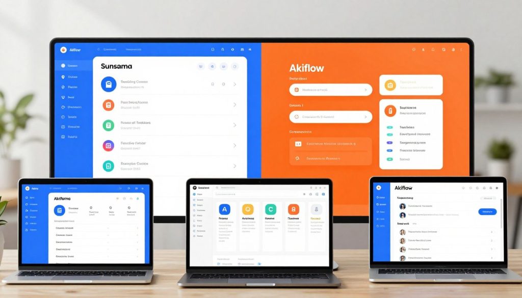 A vibrant and informative visualization depicting a comparison of user interfaces from two popular task tracking tools—Sunsama and Akiflow. The image features a split-screen layout: on the left, a sleek, modern design of Sunsama with a calming blue color palette, showcasing its features like calendar integration and task lists; on the right, a dynamic and vibrant representation of Akiflow in a bold orange hue, highlighting its quick-access task functionalities and customizable settings. In the foreground, include neatly arranged digital devices like laptops and tablets displaying the interfaces clearly. The background features a soft-focus, airy office environment with natural light filtering in, suggesting productivity and focus. The atmosphere should evoke a sense of clarity and ease, inviting users to explore the platforms.